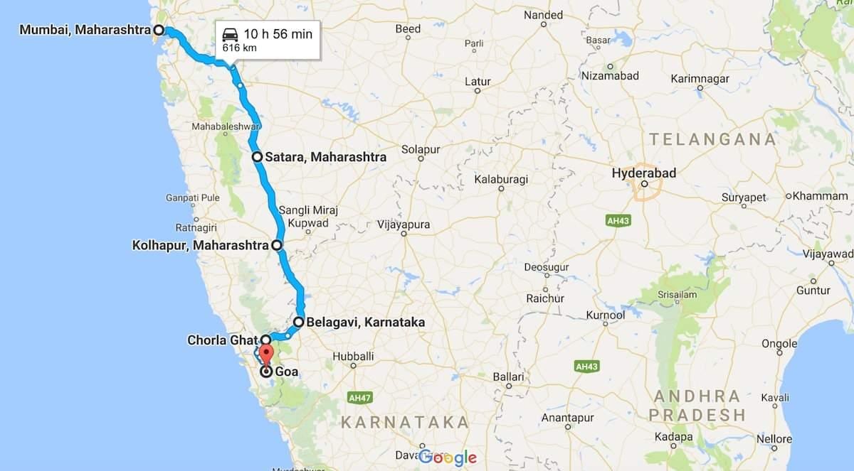 Mumbai la goa rutiere hartă